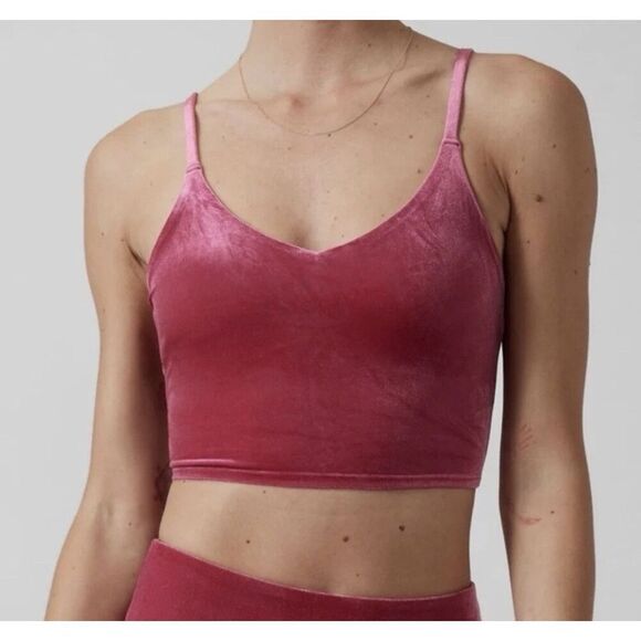 Athleta Elation V-Neck Velvet Crop Workout Top S Crushed Pink Adjustable Strap - Picture 1 of 4